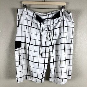 Nonwe Board Shorts Mens 38 x11 White Black‎ Check Swim Surf Beach Vacay
